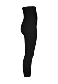 Leggings neri a vita alta realizzati in un tessuto liscio e elasticizzato. Presentano un design aderente che si affusola fino alla caviglia per una silhouette snella.