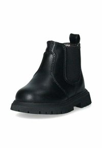 Stivaletto alla caviglia in pelle nera con pannelli elastici sui lati, punta tonda e suola in gomma testurizzata con battistrada spesso per una maggiore trazione.