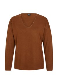 Brun stickad tröja med V-hals, oversized passform och subtila pärldetaljer runt halslinningen. Mjuk textur och långa ärmar.