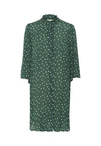 Robe en chiffon vert avec un col à volants, un devant boutonné et des manches trois-quarts, ornée de pois blancs sur toute la surface.