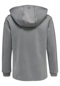 Grauer Kapuzenpullover mit glatter Textur, langen Ärmeln und gerippten Bündchen. Verfügt über eine Kängurutasche und ein Logodetail auf dem Rücken.