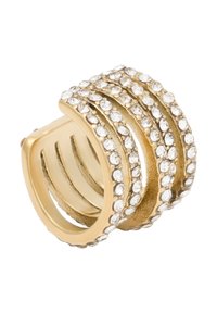 Goldring mit drei wellenförmigen Bändern, besetzt mit klaren Kristallen, die eine strukturierte Oberfläche mit einem polierten Finish und funkelnden Akzenten bieten.
