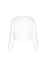 Jachetă albă scurtă, cu mâneci lungi, dintr-un material texturat, cu mici accente strălucitoare și guler rotund. Viziunea din spate prezintă un design simplu.