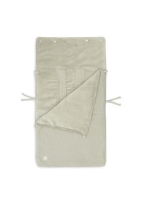 Zacht, lichtgrijs verschoningsmatje met textuurstof en een glad, pluche onderkant; voorzien van strikjes voor veilige bevestiging en drukknoopsluitingen.