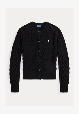 Svart kabelstrikket cardigan med knapper foran og lite hvitt Polo Ralph Lauren-logo på venstre bryst.