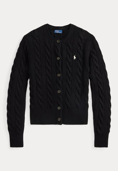 Fekete fonott mintás kardigán gombos elülső résszel és kis fehér Polo Ralph Lauren logóval a bal mellrészen.