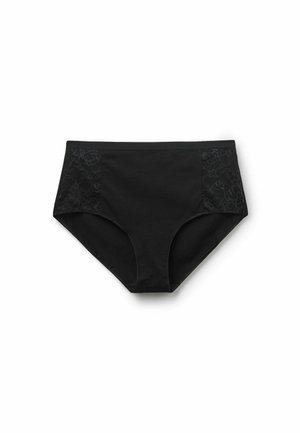 Schwarze, hoch taillierte Unterwäsche aus weichem Stoff mit Spitzenakzenten an jeder Seite. Schlichtes Design mit glatter Textur.