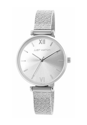 Silver wristwatch with mesh band, minimalist dial, Roman numerals at 12 and 6, and thin hour, minute, and second hands.