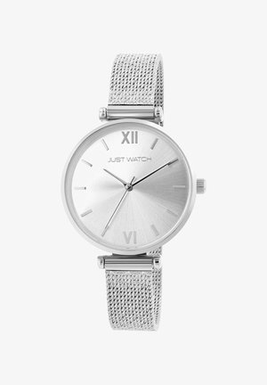 Silver wristwatch with mesh band, minimalist dial, Roman numerals at 12 and 6, and thin hour, minute, and second hands.