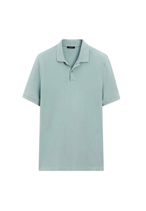 Polo shirt azzurro chiaro in cotone, con colletto e pattino con tre bottoni. Maniche corte e orlo dritto.