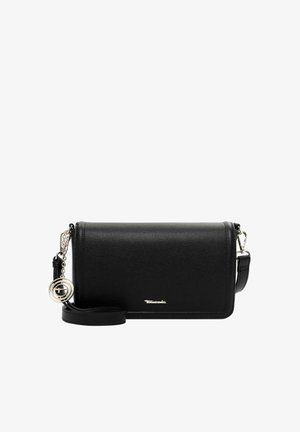 Black leather crossbody bag with silver chain and circular charm, adjustable strap, and small silver brand logo on front.