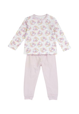 Dwuczęściowa piżama dziecięca z bluzką z długim rękawem ozdobioną wzorem w pastelowe jednorożce oraz gładkimi, jasnoróżowymi spodniami z mankietami przy nogawkach.