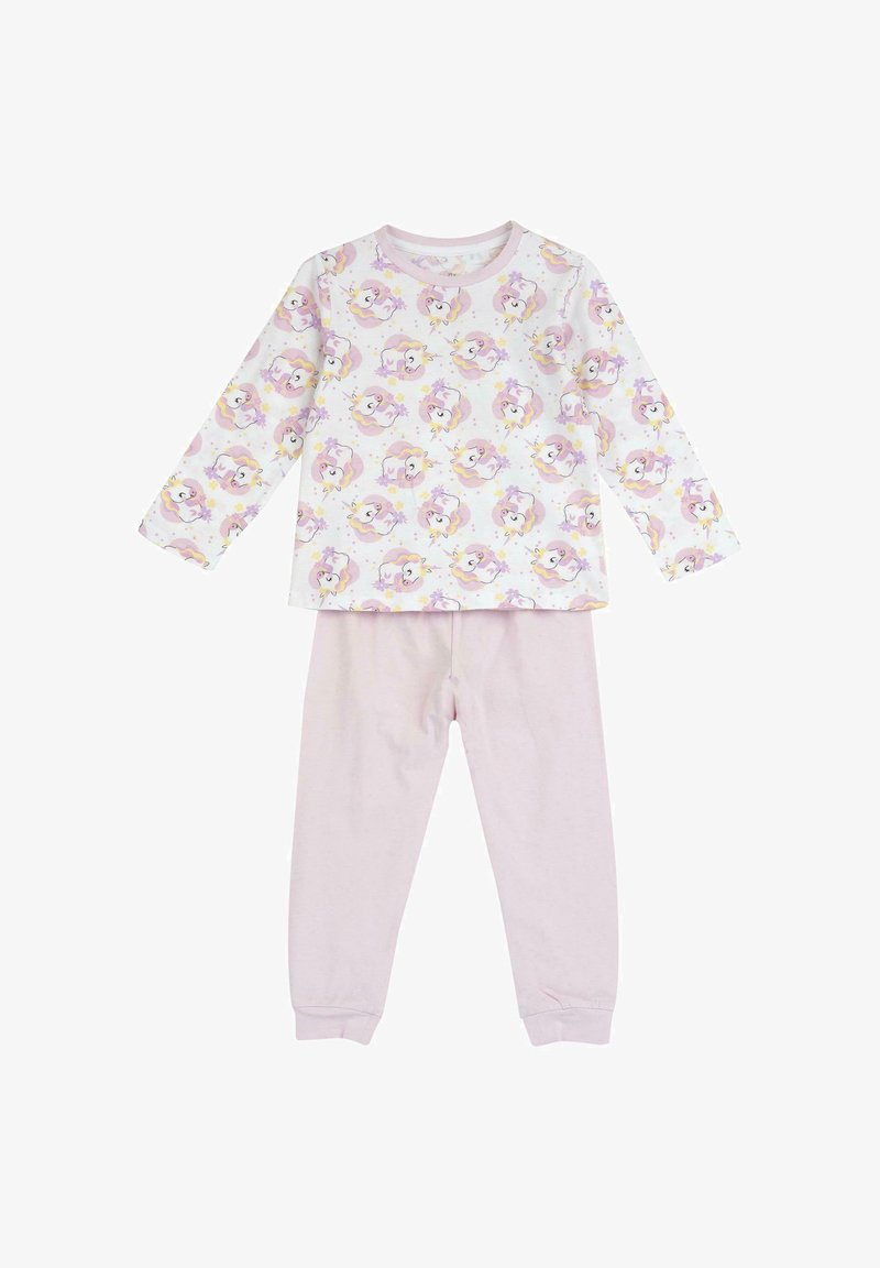 Ensemble de pyjama deux pièces pour enfants comprenant un haut à manches longues avec un motif pastel de licornes et un pantalon uni rose clair avec des chevilles resserrées.