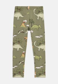 Leggings verdi realizzati in un tessuto morbido, con un motivo di dinosauri, vulcani e nuvole in vari colori. Vita elastica nella parte superiore.