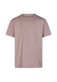 Helles rosa T-Shirt mit kurzen Ärmeln aus weichem Stoff. Verfügt über einen runden Ausschnitt und einen kleinen gelben Akzent auf der Brust. Klassische Passform.