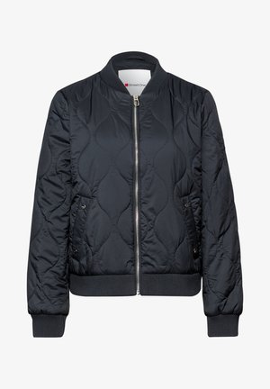 Veste bomber matelassée noire avec fermeture éclair à l'avant, col côtelé, poignets et ourlet, et poches latérales à bouton-pression.