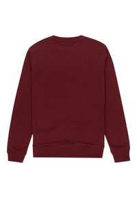 Felpa bordeaux con scollatura tonda, polsini e orlo a coste, realizzata in tessuto morbido. Texture liscia, senza motivi o dettagli visibili.