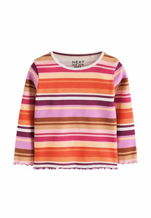 Langärmliges Rippshirt mit horizontalen Streifen in Pink, Orange, Lila, Braun und Weiß, mit rundem Ausschnitt und gerafften Kanten.