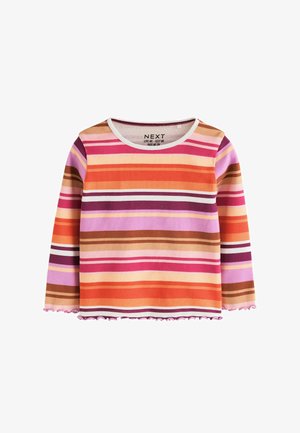 Langärmliges Rippshirt mit horizontalen Streifen in Pink, Orange, Lila, Braun und Weiß, mit rundem Ausschnitt und gerafften Kanten.