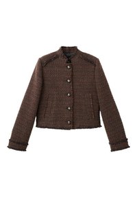 Bruine tweedjas met een cropped design, ronde kraag en knoopsluiting aan de voorkant. Heeft een gestructureerde stof en rafelige randen.