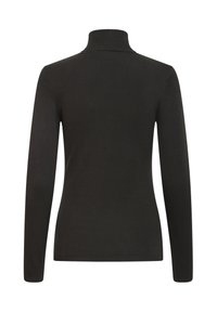 Pull noir ajusté à manches longues et col roulé, vu de dos, avec des détails côtelés au niveau du col et de l'ourlet.