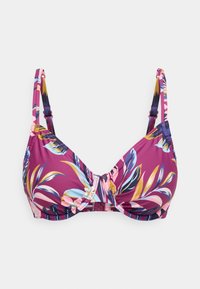 Μπικίνι τοπ σε μωβ με τροπικό μοτίβο φύλλων σε ροζ, μπλε και κίτρινο. Διαθέτει ρυθμιζόμενους ιμάντες και λεπτομέρεια με σούρες στο κέντρο.