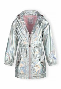 Veste argentée irisée avec fermeture éclair frontale, taille à cordon, poignets élastiques et deux poches avant. Dotée d'une capuche et d'une doublure rose douce.