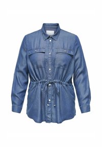 Jeans srajca v temno modri barvi, dolgi rokavi, spredaj z gumbi, motnjena pas, dva žepa na prsih in enotna tekstura z udobnim krojem.