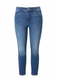 Hubené modré džíny vyrobené z denimu, s pěti kapsami, zapínáním na knoflíky a jemným zesvětlením podél stehen.