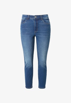 Slanke blå jeans lavet af denim, med fem lommer, knaplukning og subtile falmninger langs lårerne.