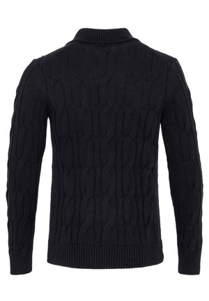 Černý svetr s pleteným vzorem, dlouhými rukávy a žebrovaným límcem, manžetami a lemem, zobrazený zezadu.