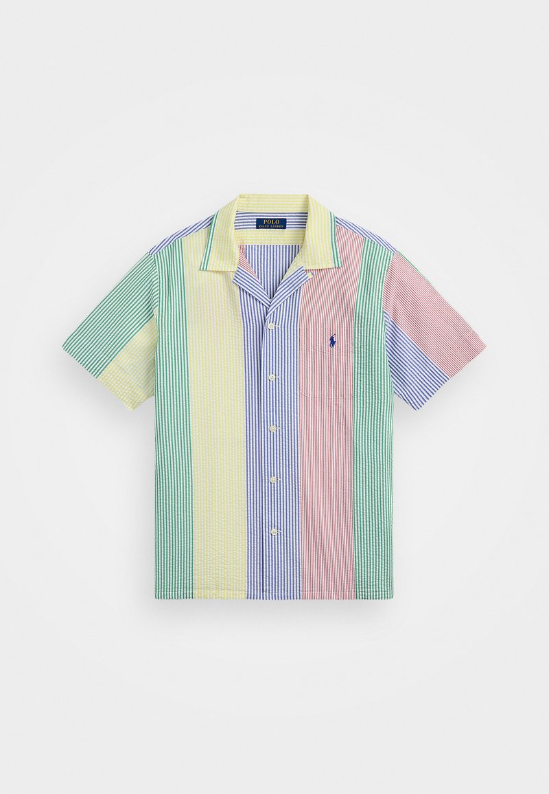 Kortärmad skjorta med knappar i flerfärgade vertikala ränder i grönt, gult, blått och rosa, med klassisk krage och logotyp på fickan.