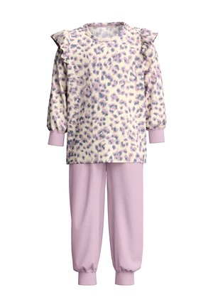 Kinder tweedelig outfit met lichtpaarse luipaardprint top met geruite schouders en bijpassende effen lichtpaarse broek met elastische manchetten.