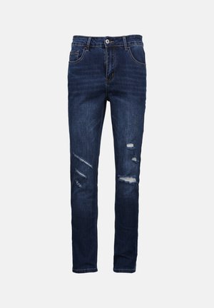 Donkerblauwe spijkerbroek met een slim fit, voorzien van versleten plekken en gescheurde details aan de voorkant. Klassiek vijf-pocket ontwerp, met knoopsluiting.