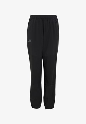 Juodos sportinės kelnės su elastine juosmens juosta ir apačia, viršutinėje kairės šlaunies dalyje subtilus logotipas.