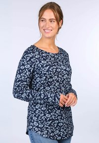 Navy-blaues Langarm-Shirt mit zartem Blumenmuster. Weicher Baumwollstoff, Rundhalsausschnitt und abgerundeter Saum mit seitlichen Schlitzen für Komfort und Stil.