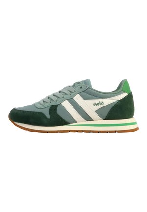 Green and light blue sneaker with white stripes, suede and synthetic materials, flat rubber sole, padded collar, and brand logo on side.