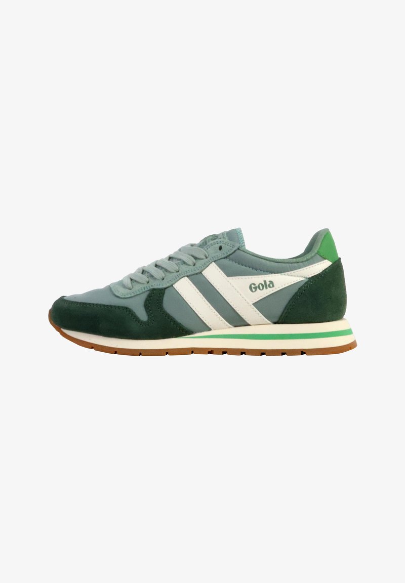 Zapatillas verdes y azul claro con rayas blancas, de materiales de ante y sintéticos, suela de goma plana, cuello acolchado y logo de la marca en el lateral.