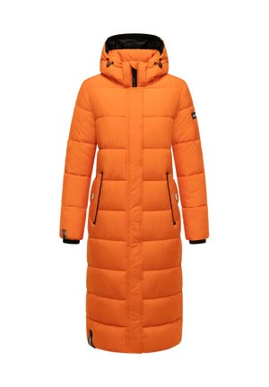 Duga narančasta zimska jakna s kapuljačom, crni detalji na džepovima i manžetama, te zatvaranje s prednjim patentnim zatvaračem.