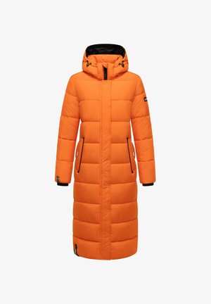 Duga narančasta zimska jakna s kapuljačom, crni detalji na džepovima i manžetama, te zatvaranje s prednjim patentnim zatvaračem.