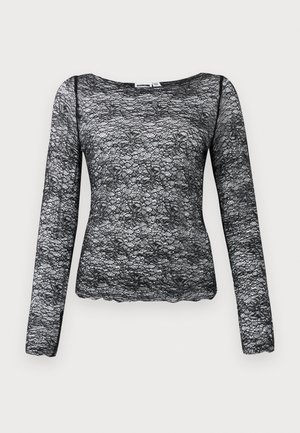 Black long-sleeve lace top with floral pattern and scalloped hem, semi-transparent fabric, boat neckline.