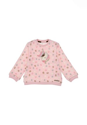 Rosa Langarm-Sweatshirt mit einem Einhorn-Design in der Mitte, verziert mit unterschiedlich großen Punktmustern in Pastellfarben und einem gerippten Kragen.