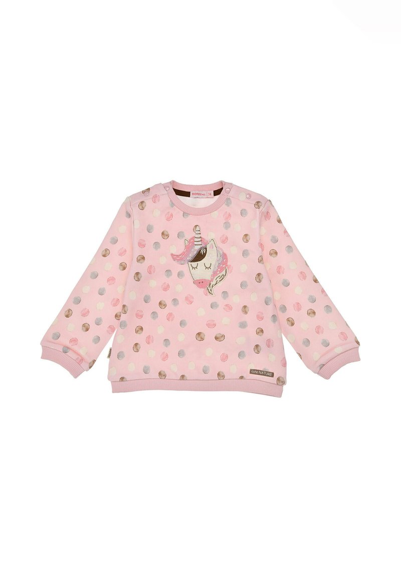 Rosa Langarm-Sweatshirt mit einem Einhorn-Design in der Mitte, verziert mit unterschiedlich großen Punktmustern in Pastellfarben und einem gerippten Kragen.