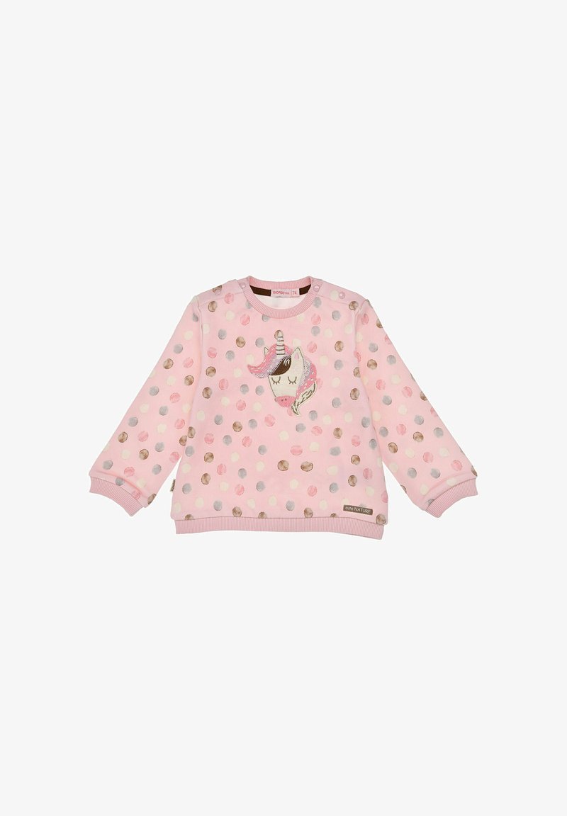 Rosa Langarm-Sweatshirt mit einem Einhorn-Design in der Mitte, verziert mit unterschiedlich großen Punktmustern in Pastellfarben und einem gerippten Kragen.