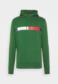 Zielona bluza z kapturem i kieszenią z przodu, z poziomym paskiem w kolorach czerwonym, białym i granatowym oraz napisem "Tommy Hilfiger" na wysokości klatki piersiowej.