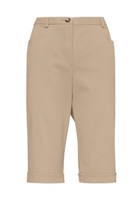 Pantalons coupés beige en mélange de coton, dotés de poches latérales, d'une fermeture par bouton à l'avant et d'un ourlet roulé pour un look décontracté.