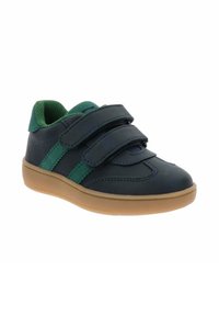 Sneakers blu navy con dettagli verdi, due strap in Velcro, suola in gomma e morbida fodera in tessuto. Progettati per il comfort e la facilità d'uso.
