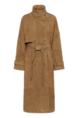 Tan suede trench coat with a high collar, double-breasted front, belted waist, and large pockets. Features cuff straps and a textured finish.