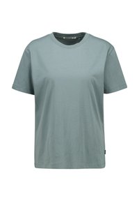 Hellgrünes Baumwoll-T-Shirt mit Rundhalsausschnitt, kurzen Ärmeln, lockerem Schnitt und ohne sichtbare Muster oder Verzierungen.