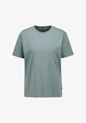 T-shirt di cotone verde chiaro con scollatura rotonda, maniche corte, vestibilità rilassata e senza motivi o decorazioni visibili.